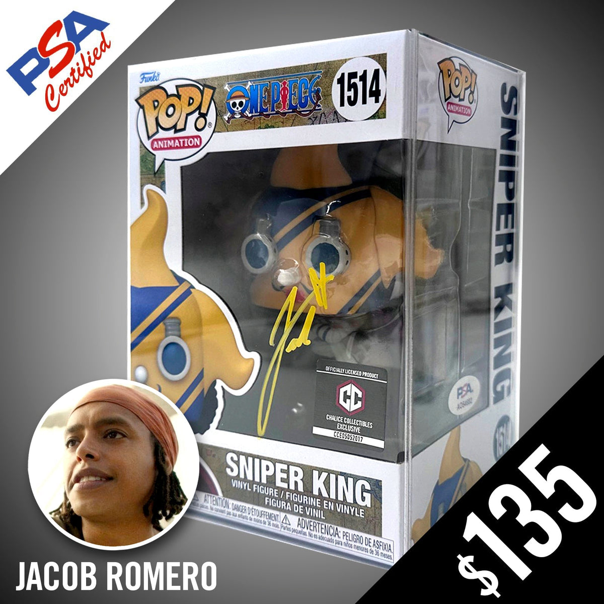 Funko Pop! One Piece: Sniper King (non-chase) #1514- SIGNED by Jacob Romero (PSA Authenticated)