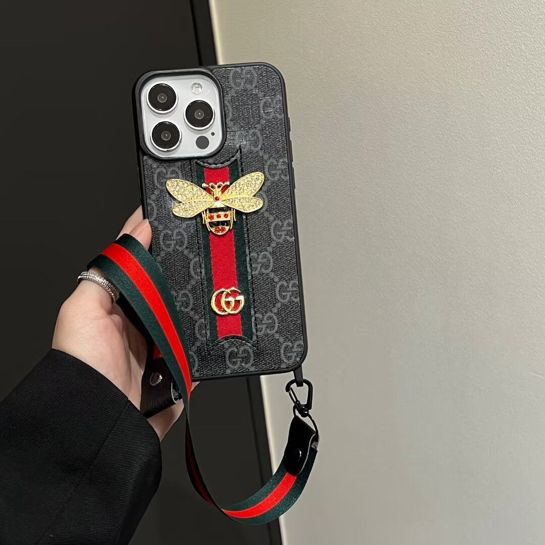GG3D Monogram Case with Cord & Ribbon Strap for iPhone 12-18 Pro & Pro Max