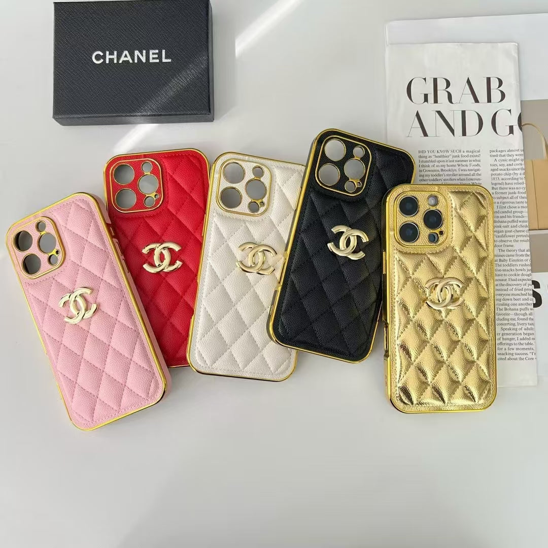 Luxury Chanel Cream Case with Gold Edge Frame for iPhone 12-18 Pro & Pro Max