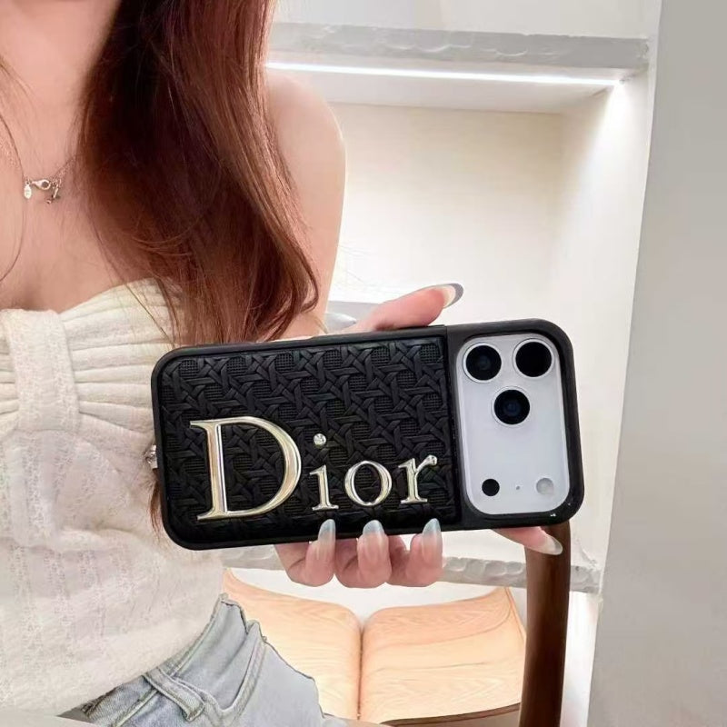 Luxury Cannage Weave Phone Case with Gold Dior Emblem for iPhone 12-18 Pro & Pro Max