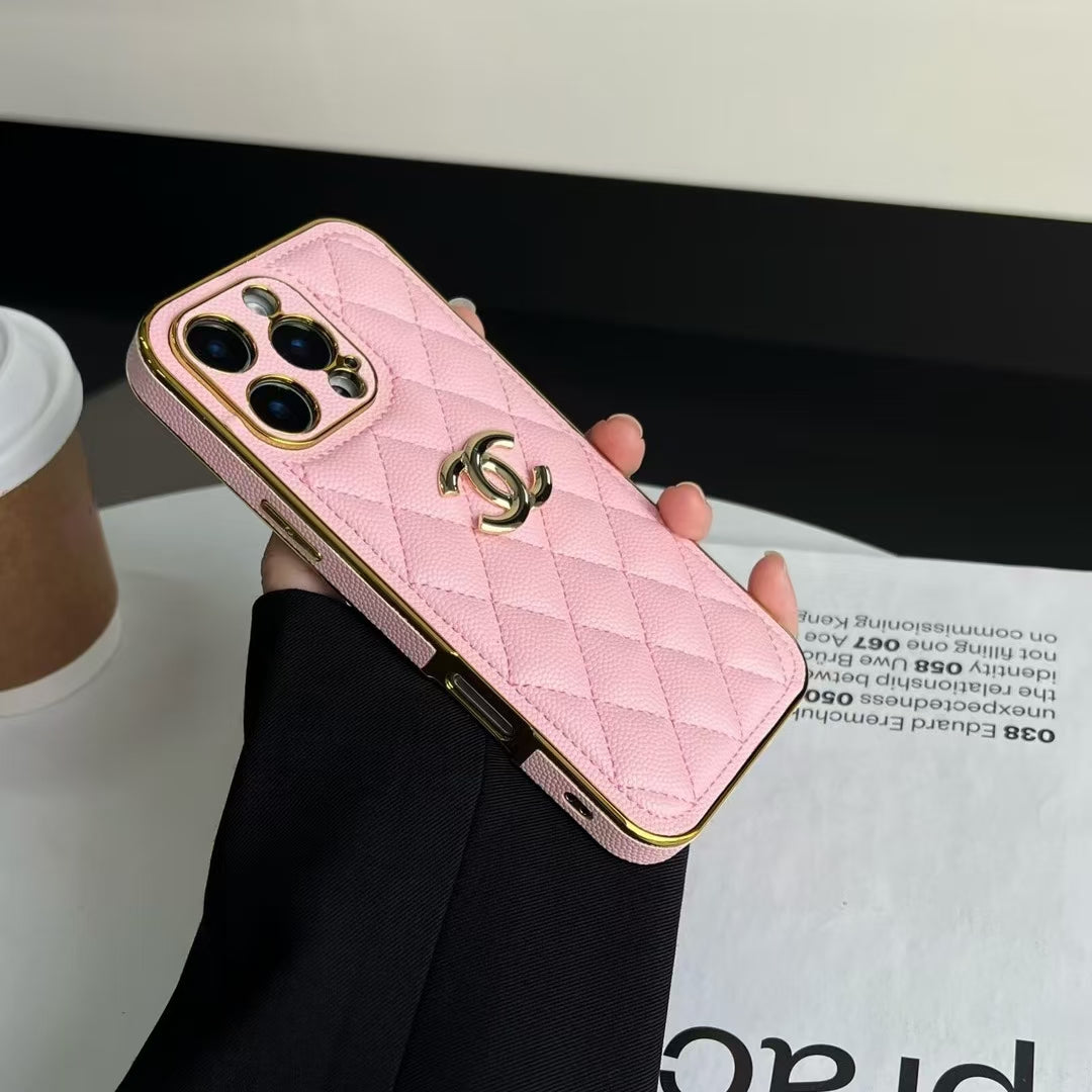 Luxury Chanel Cream Case with Gold Edge Frame for iPhone 12-18 Pro & Pro Max