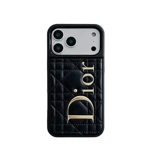 Luxury Cannage Weave Phone Case with Gold Dior Emblem for iPhone 12-18 Pro & Pro Max