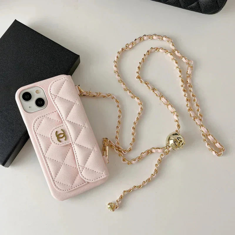 CHN Quilted Caviar Leather Case with Flap Pocket for iPhone 12-18 Pro & Pro Max