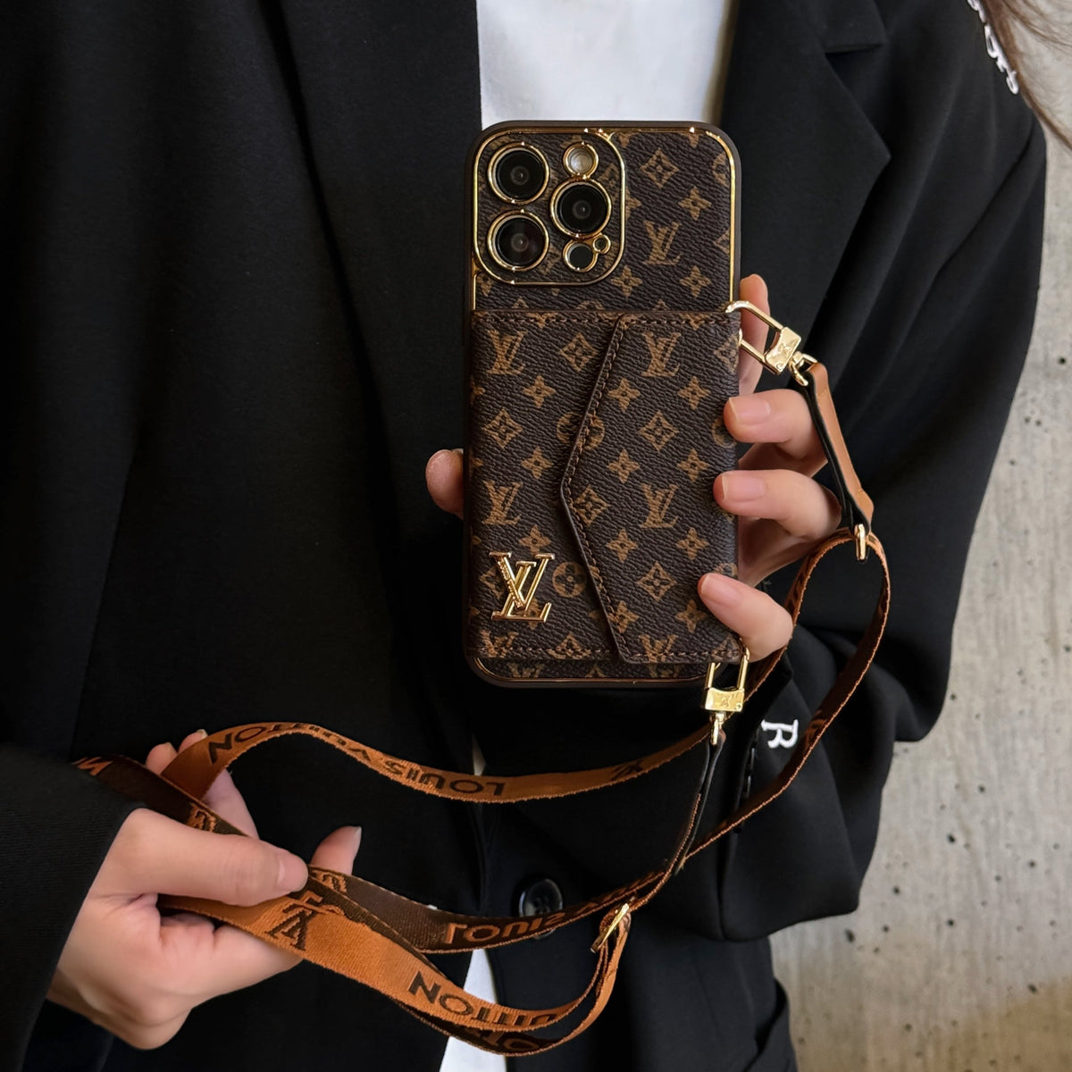 Luxury Monogram Leather Phone Case with Card Holder for iPhone 12-18 Pro & Pro Max