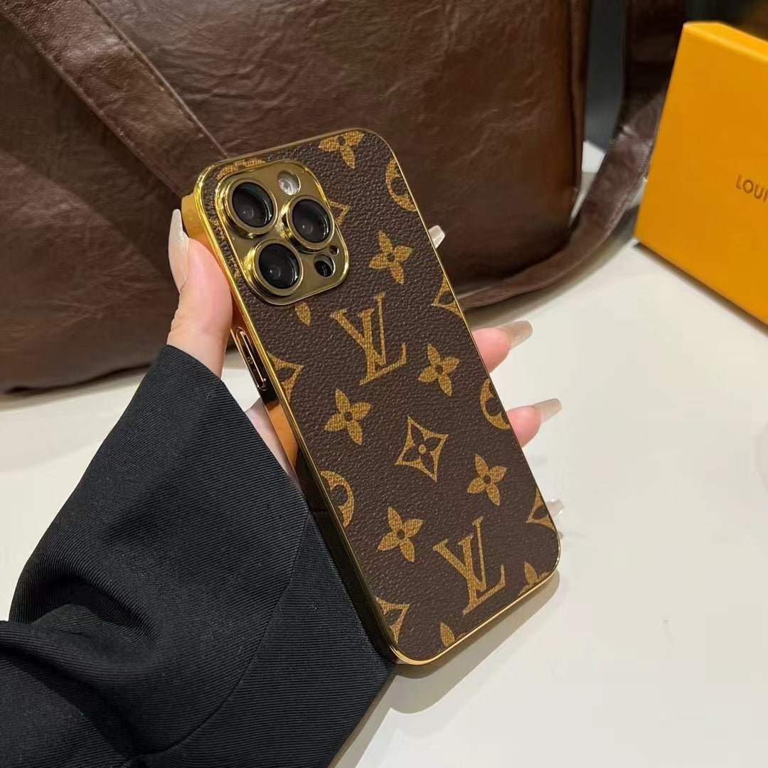 LV Style Soft Monogram Case with Gold Border for iPhone 12-18 Pro & Pro Max