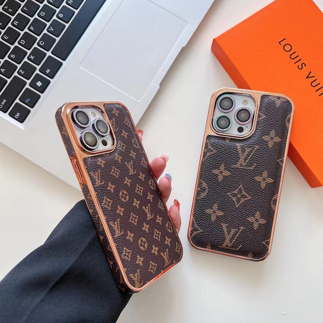 LV Classic Monogram Leather Case with Gold Border for iPhone 13-18 Pro & Pro Max