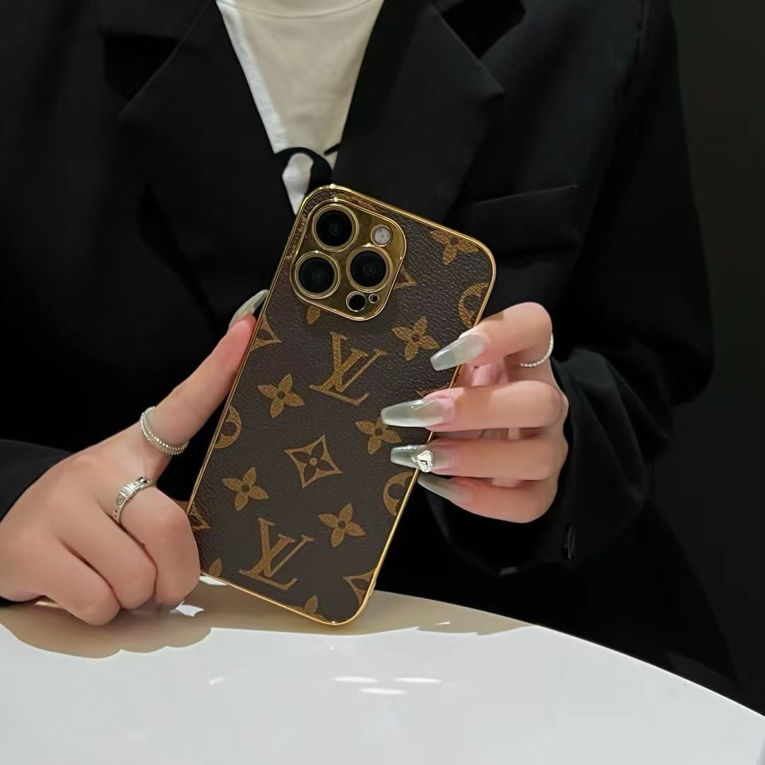 LV Style Soft Monogram Case with Gold Border for iPhone 12-18 Pro & Pro Max