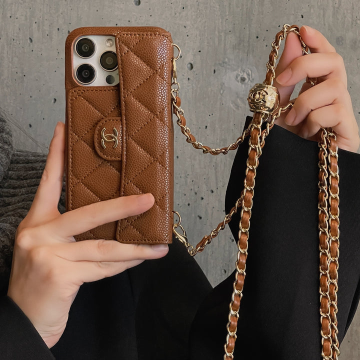 CHN Quilted Caviar Leather Case with Flap Pocket for iPhone 12-18 Pro & Pro Max