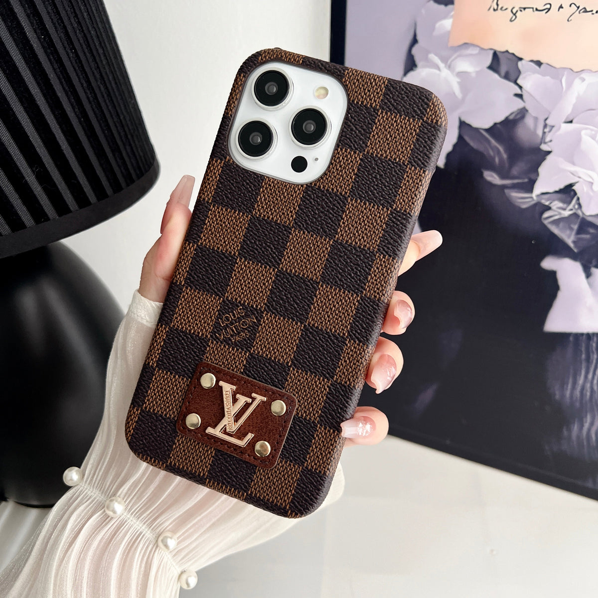Luxury Monogram Leather Case Hard Back PC for iPhone 12-18 Pro & Pro Max