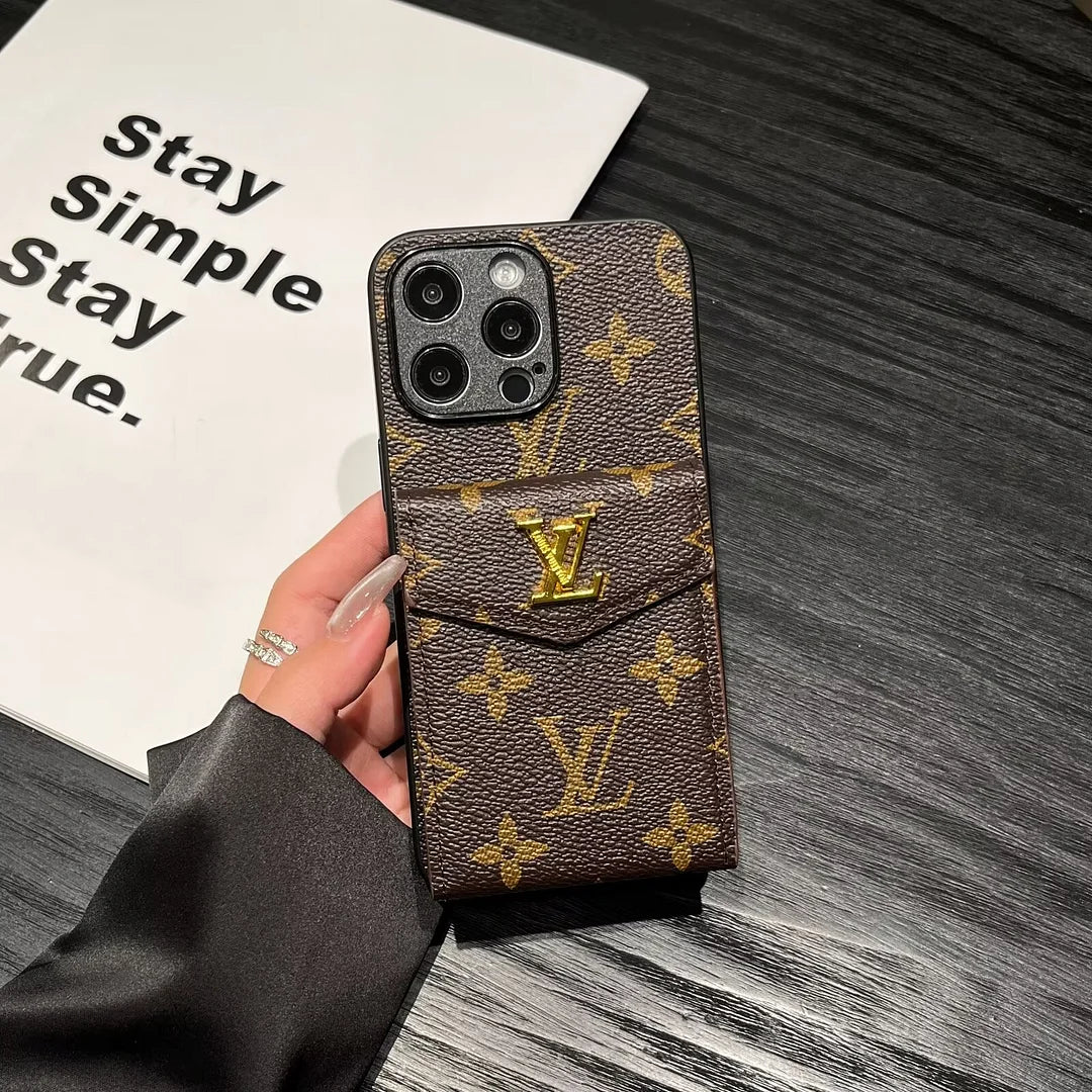 Luxury LV Leather Phone Case with Card Holder for iPhone 12-18 Pro & Pro Max