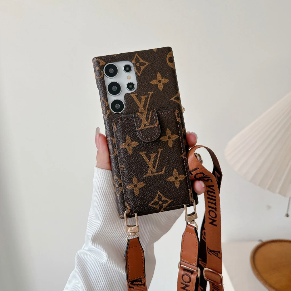 Luxury Monogram Card Wallet Case with Sling Strap for Samsung Galaxy S22-S26 Series