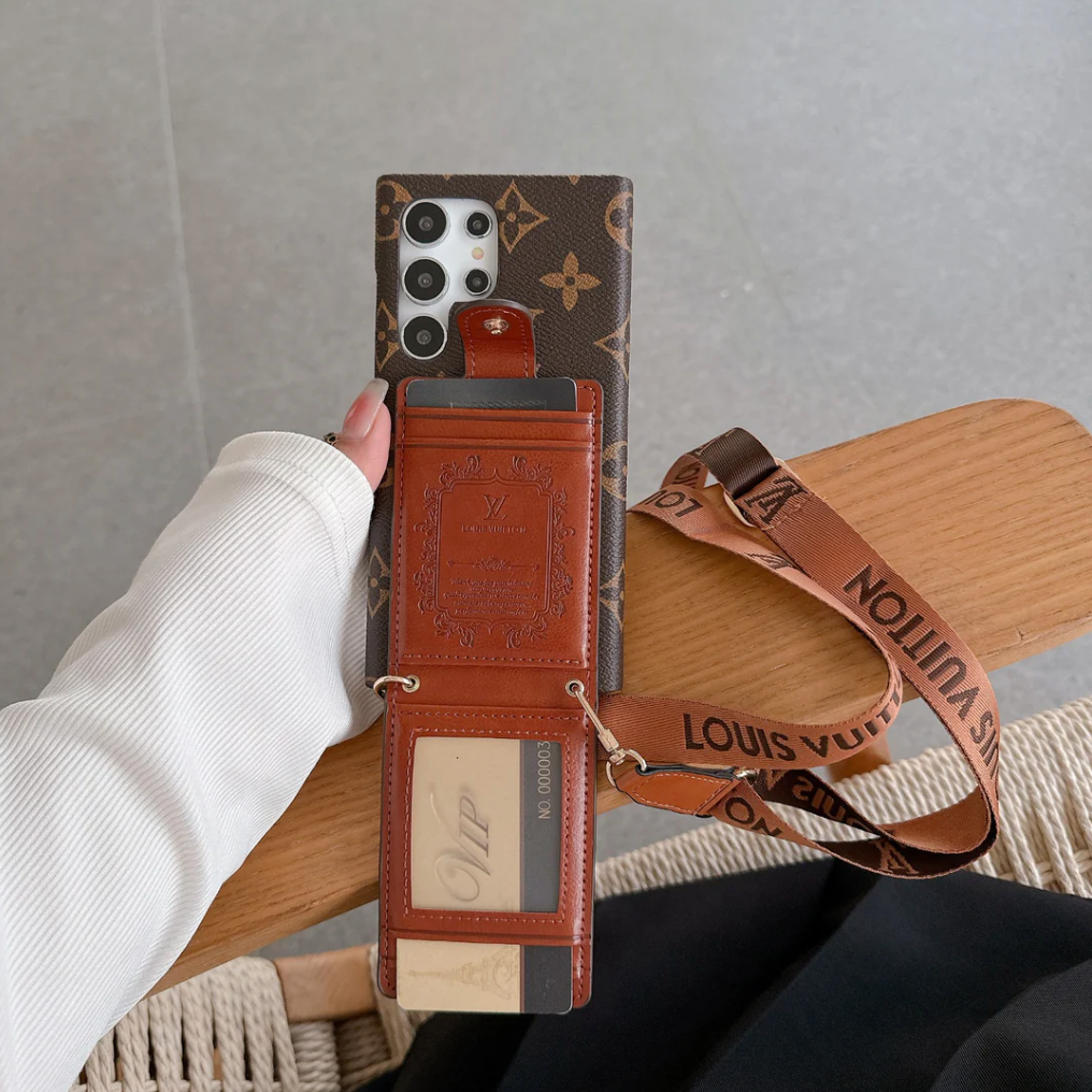 Luxury Monogram Card Wallet Case with Sling Strap for Samsung Galaxy S22-S26 Series