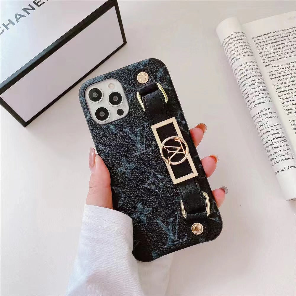 Luxury Monogram Leather Case with Wrist Strap Band for iPhone 12-18 Pro & Pro Max