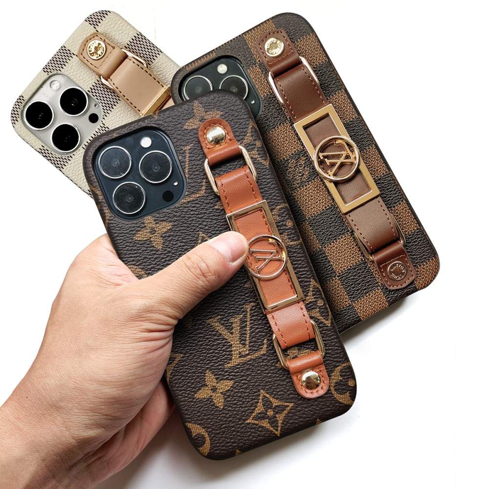 Luxury Monogram Leather Case with Wrist Strap Band for iPhone 12-18 Pro & Pro Max