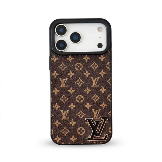 Luxury LV Leathe with Black Logo Phone Case for iPhone 12-18 Pro & Pro Max